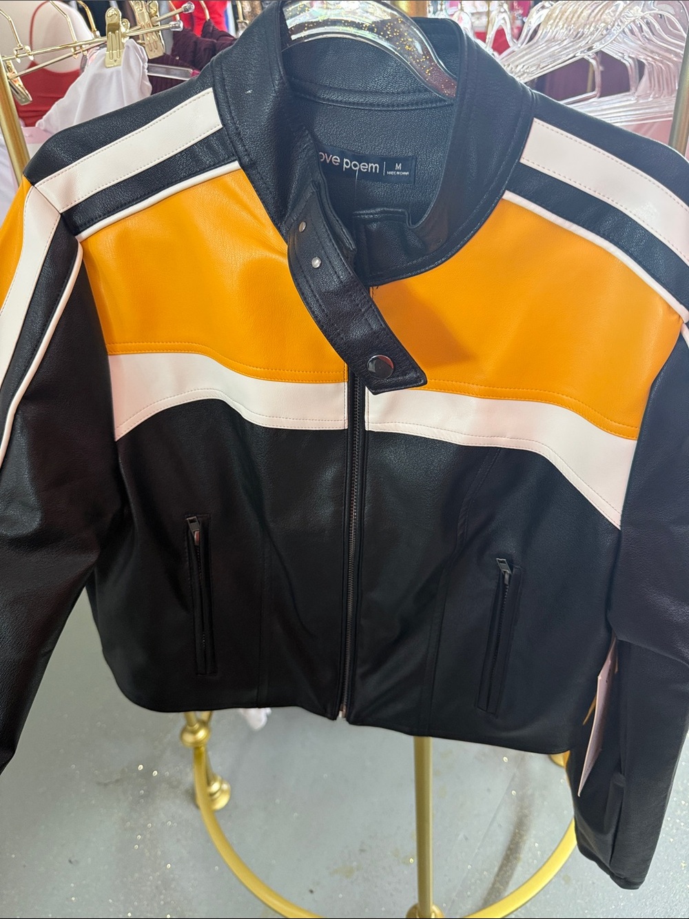 Love Poem Women’s Black, Yellow & White Colorblock Leather Moto Jacket